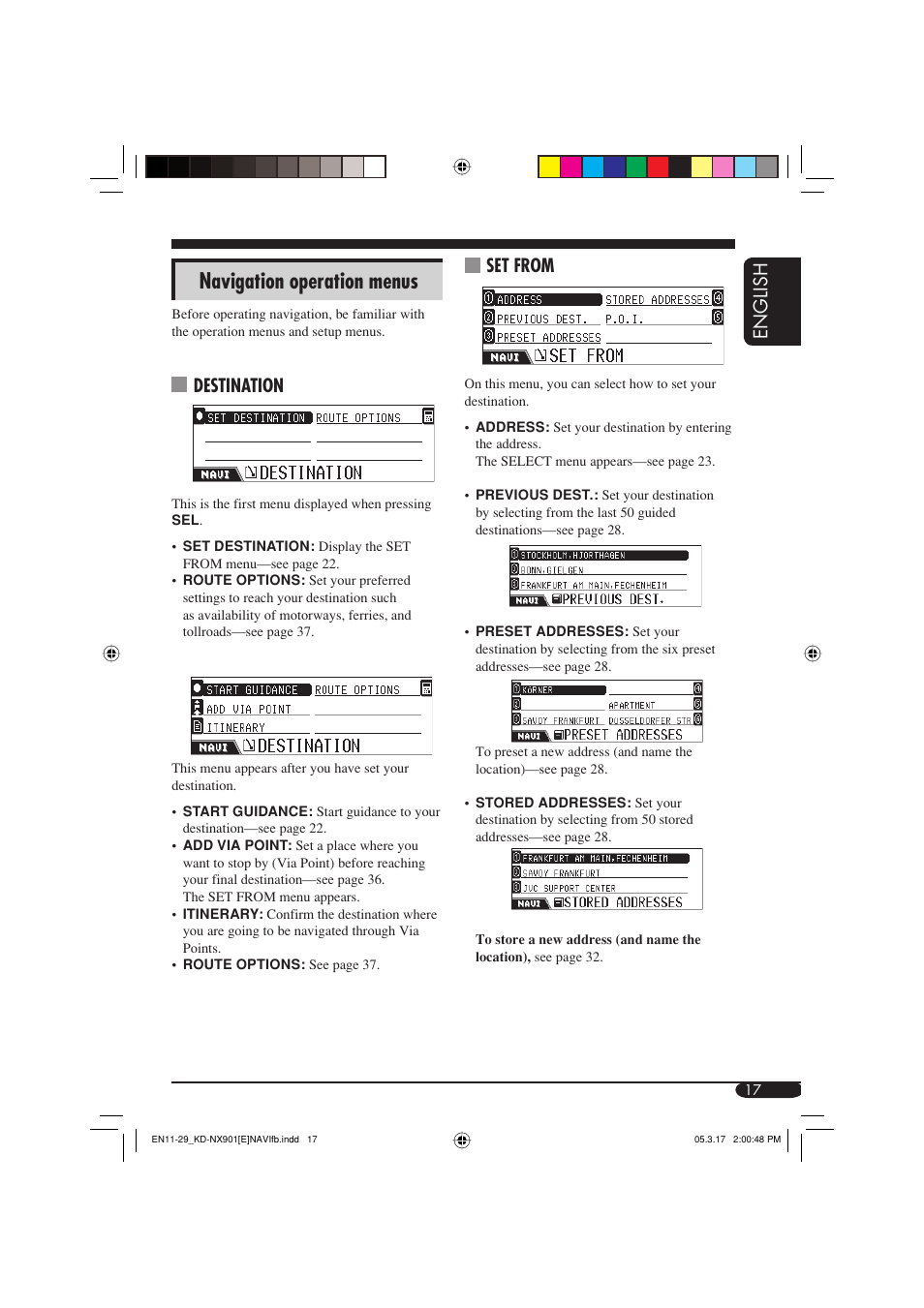 Navigation operation menus, English, Destination | Set from | JVC KD-NX901 User Manual | Page 17 / 129