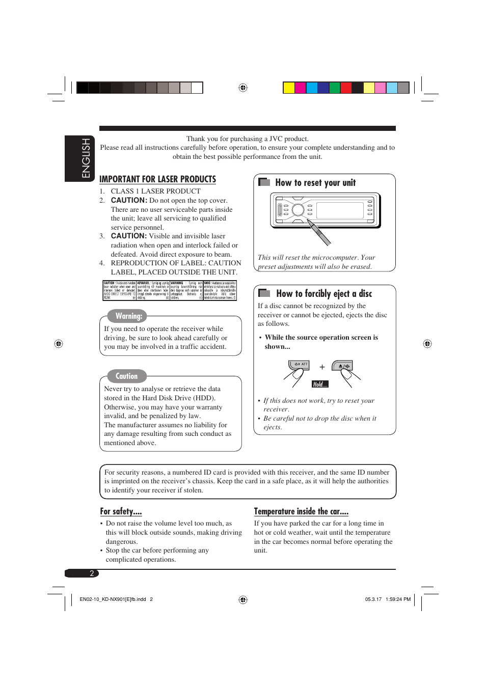 Important for laser products, English how to forcibly eject a disc, How to reset your unit | JVC KD-NX901 User Manual | Page 2 / 129