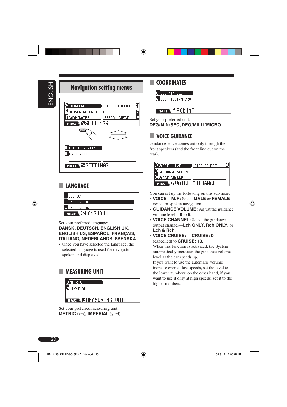 Navigation setting menus, English coordinates, Voice guidance | Language, Measuring unit | JVC KD-NX901 User Manual | Page 20 / 129