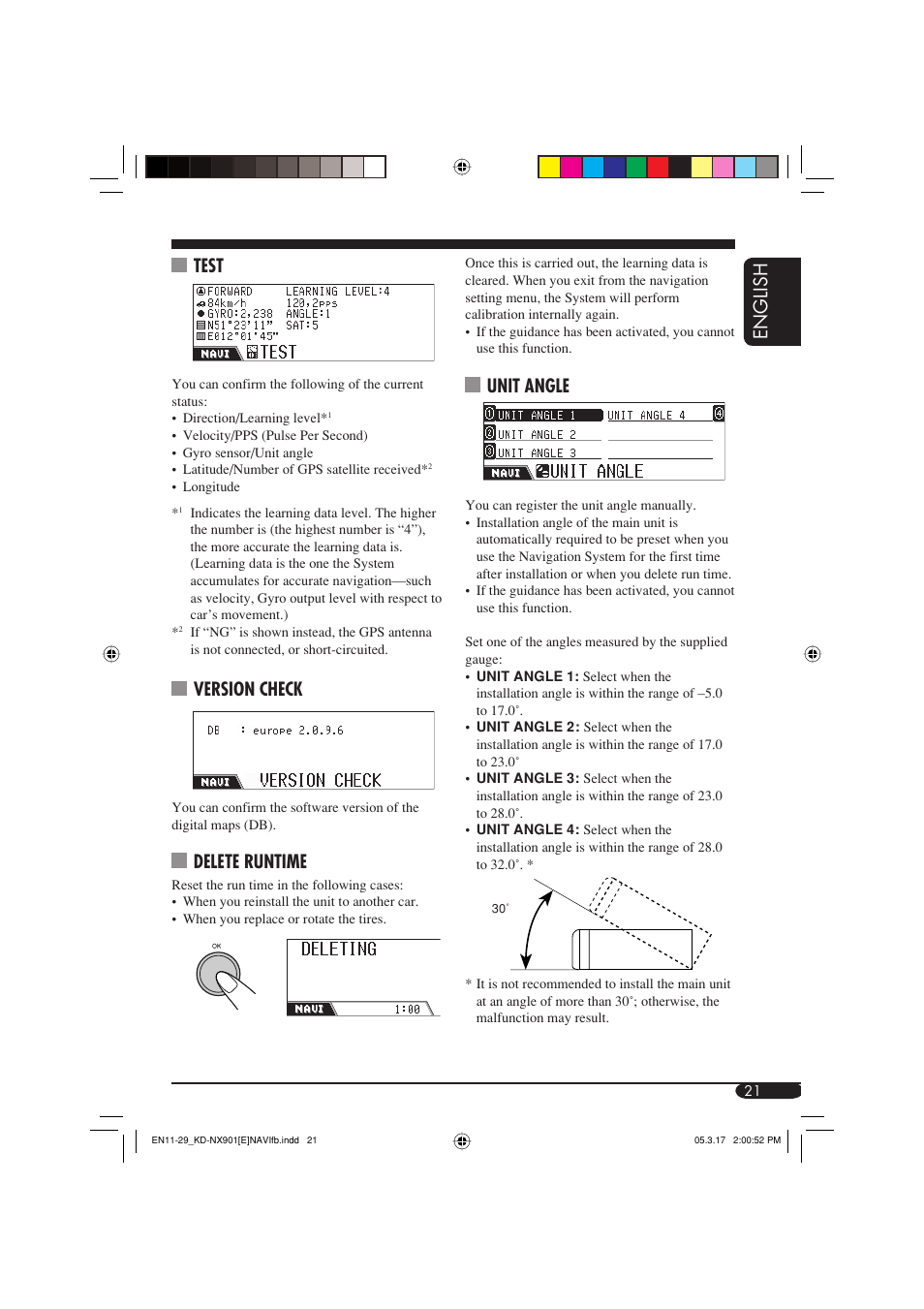 English, Unit angle, Test | Version check, Delete runtime | JVC KD-NX901 User Manual | Page 21 / 129