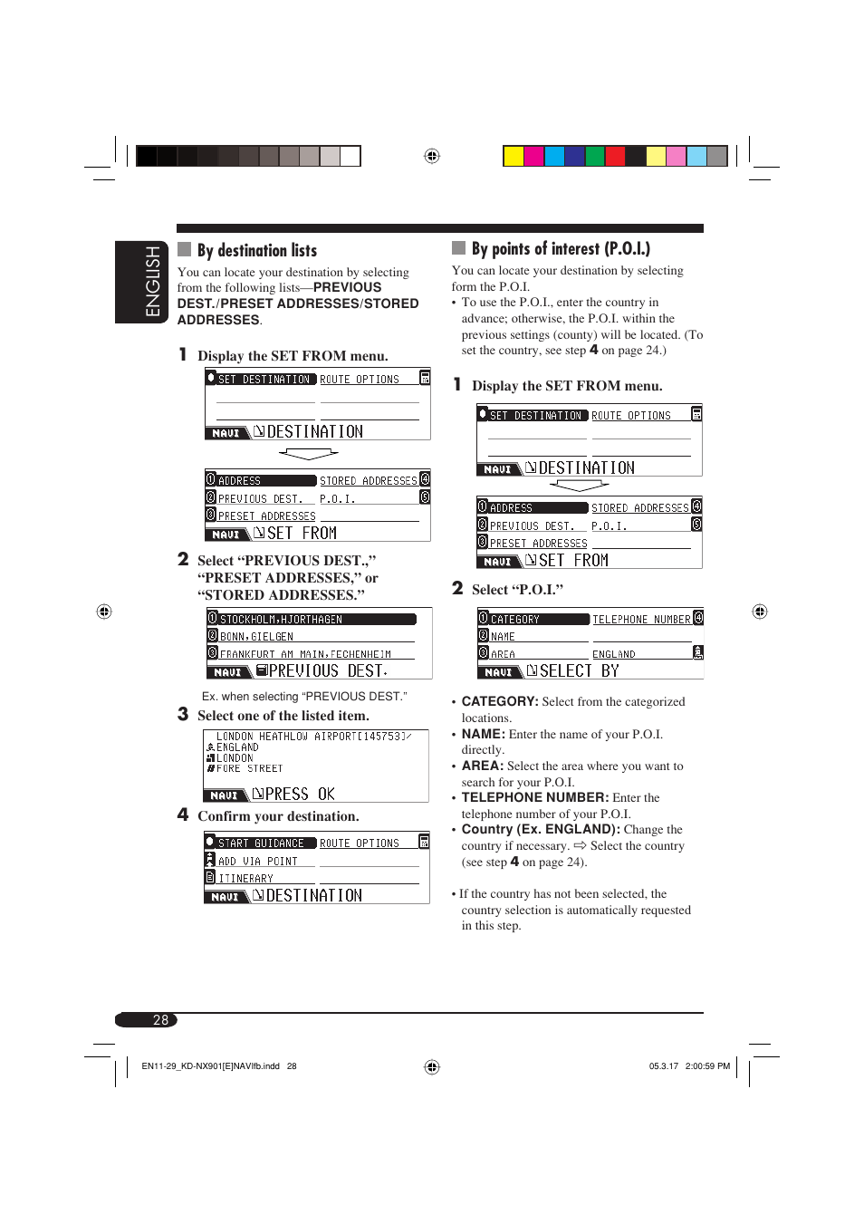 English by destination lists, By points of interest (p.o.i.) | JVC KD-NX901 User Manual | Page 28 / 129