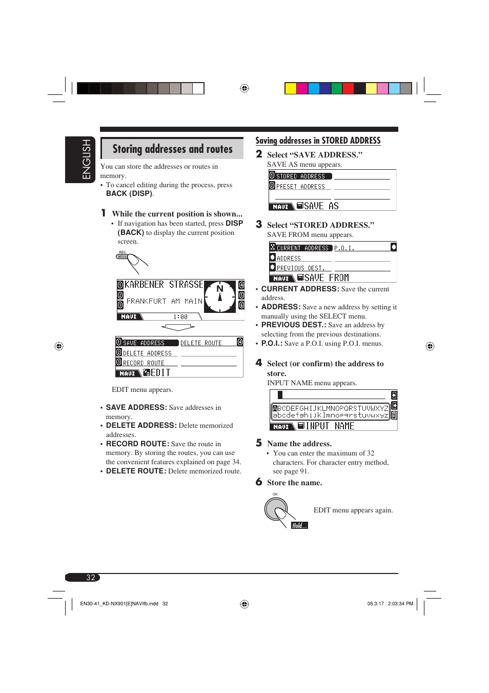 Storing addresses and routes, English | JVC KD-NX901 User Manual | Page 32 / 129