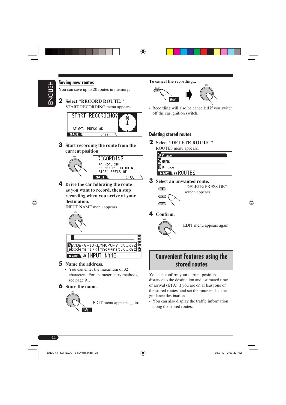 Convenient features using the stored routes, English | JVC KD-NX901 User Manual | Page 34 / 129