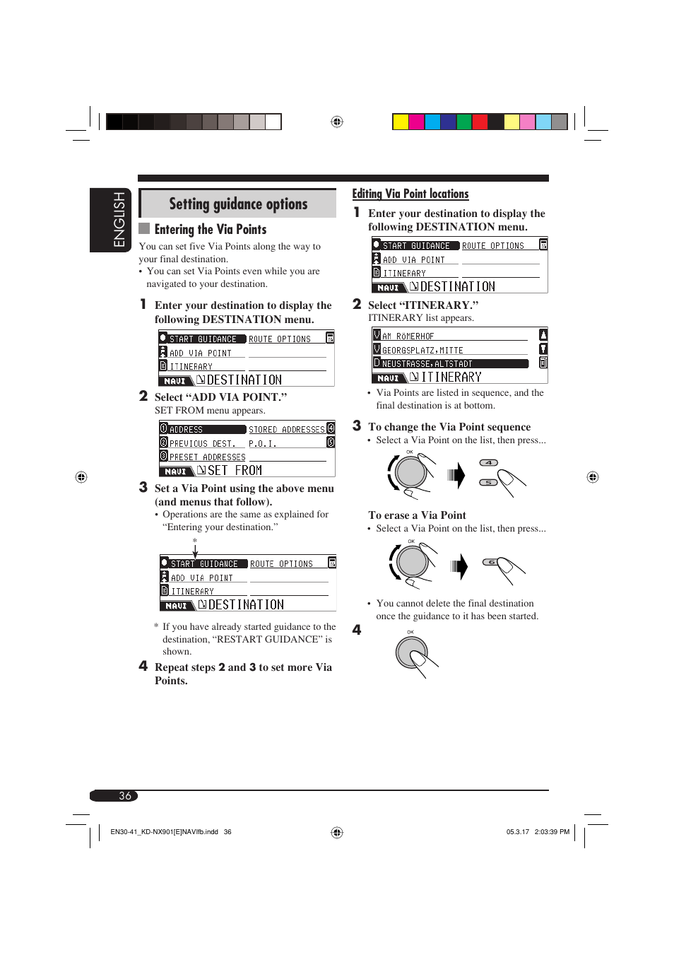 Setting guidance options, English, Entering the via points | JVC KD-NX901 User Manual | Page 36 / 129