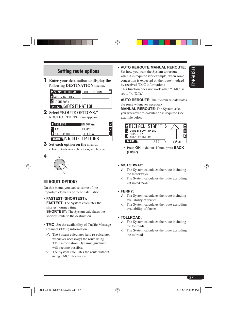 Setting route options, English, 4route options | JVC KD-NX901 User Manual | Page 37 / 129