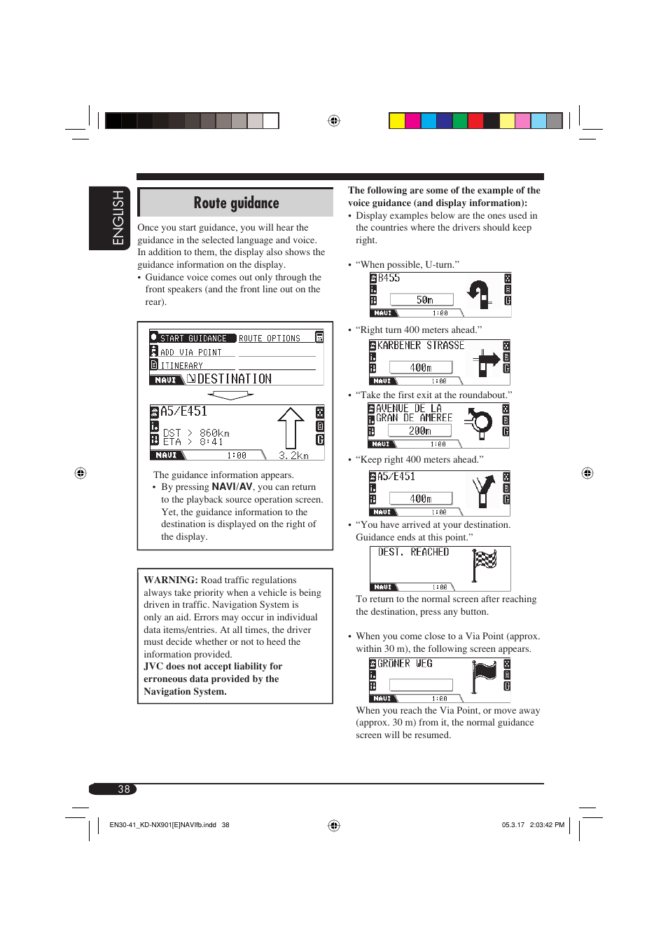 Route guidance, English | JVC KD-NX901 User Manual | Page 38 / 129