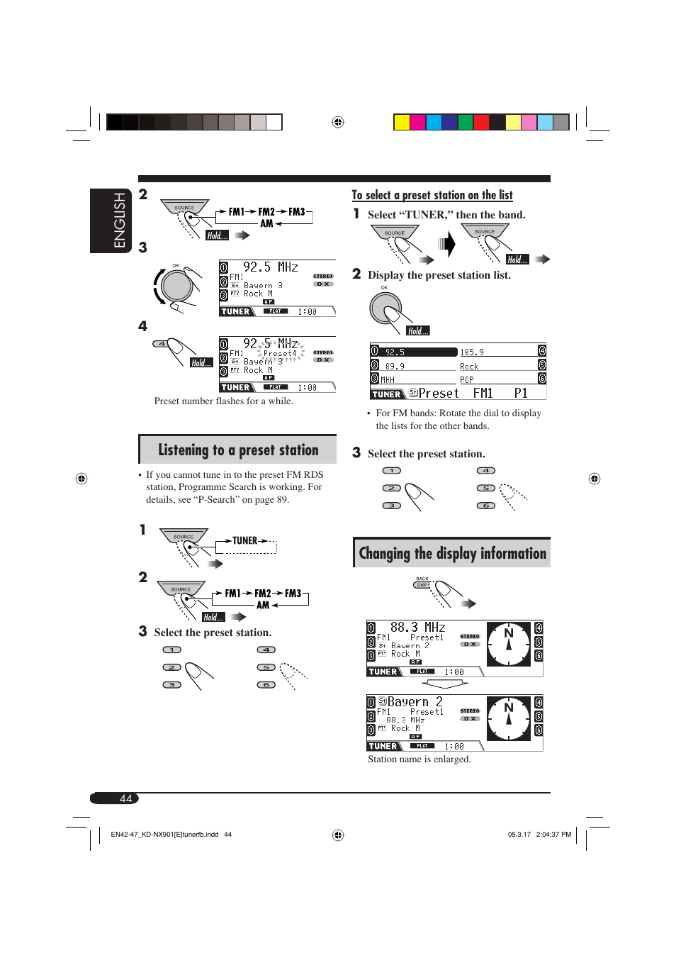 Changing the display information, Listening to a preset station | JVC KD-NX901 User Manual | Page 44 / 129