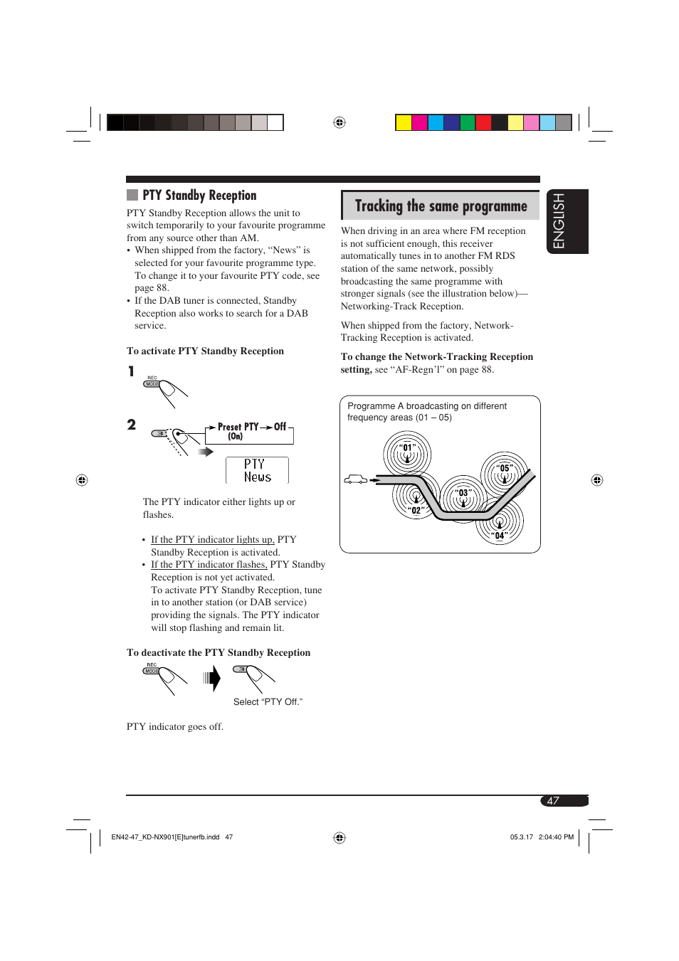 Tracking the same programme, English, Pty standby reception | JVC KD-NX901 User Manual | Page 47 / 129