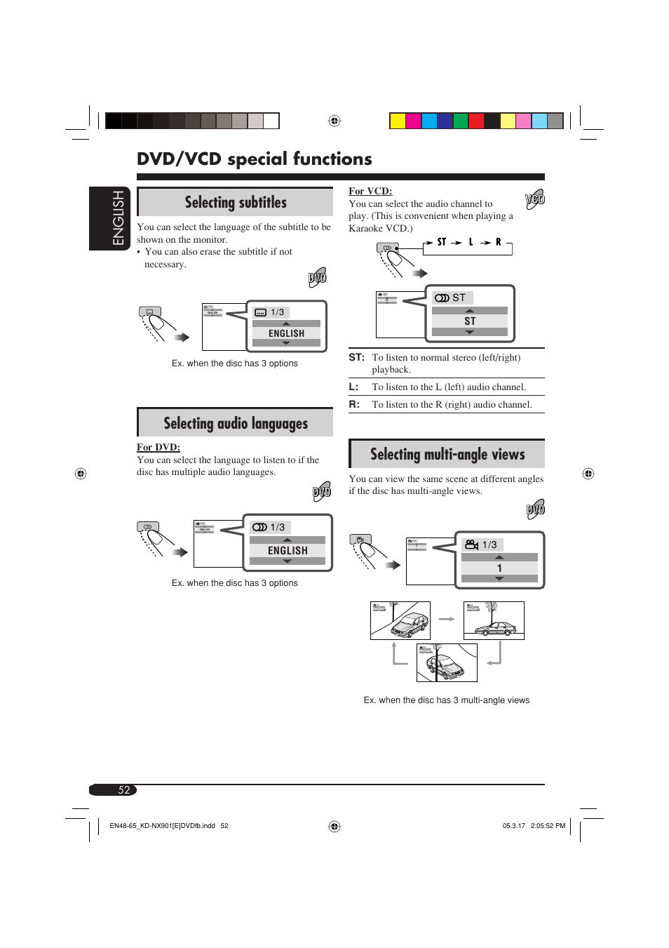 Dvd/vcd special functions, Selecting subtitles, Selecting audio languages | Selecting multi-angle views, English | JVC KD-NX901 User Manual | Page 52 / 129