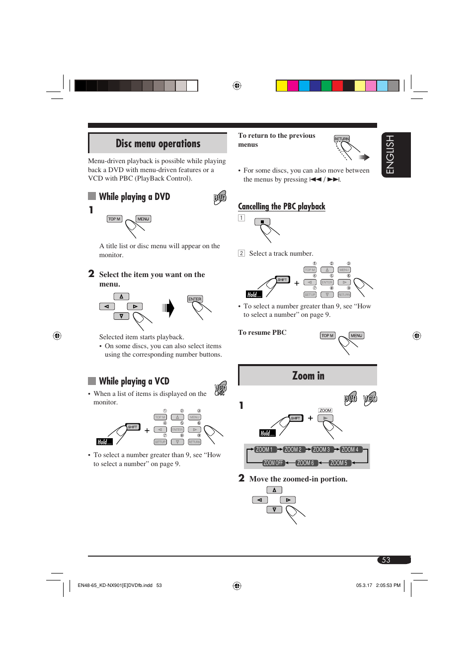 Zoom in, Disc menu operations, English | While playing a dvd 1, While playing a vcd | JVC KD-NX901 User Manual | Page 53 / 129