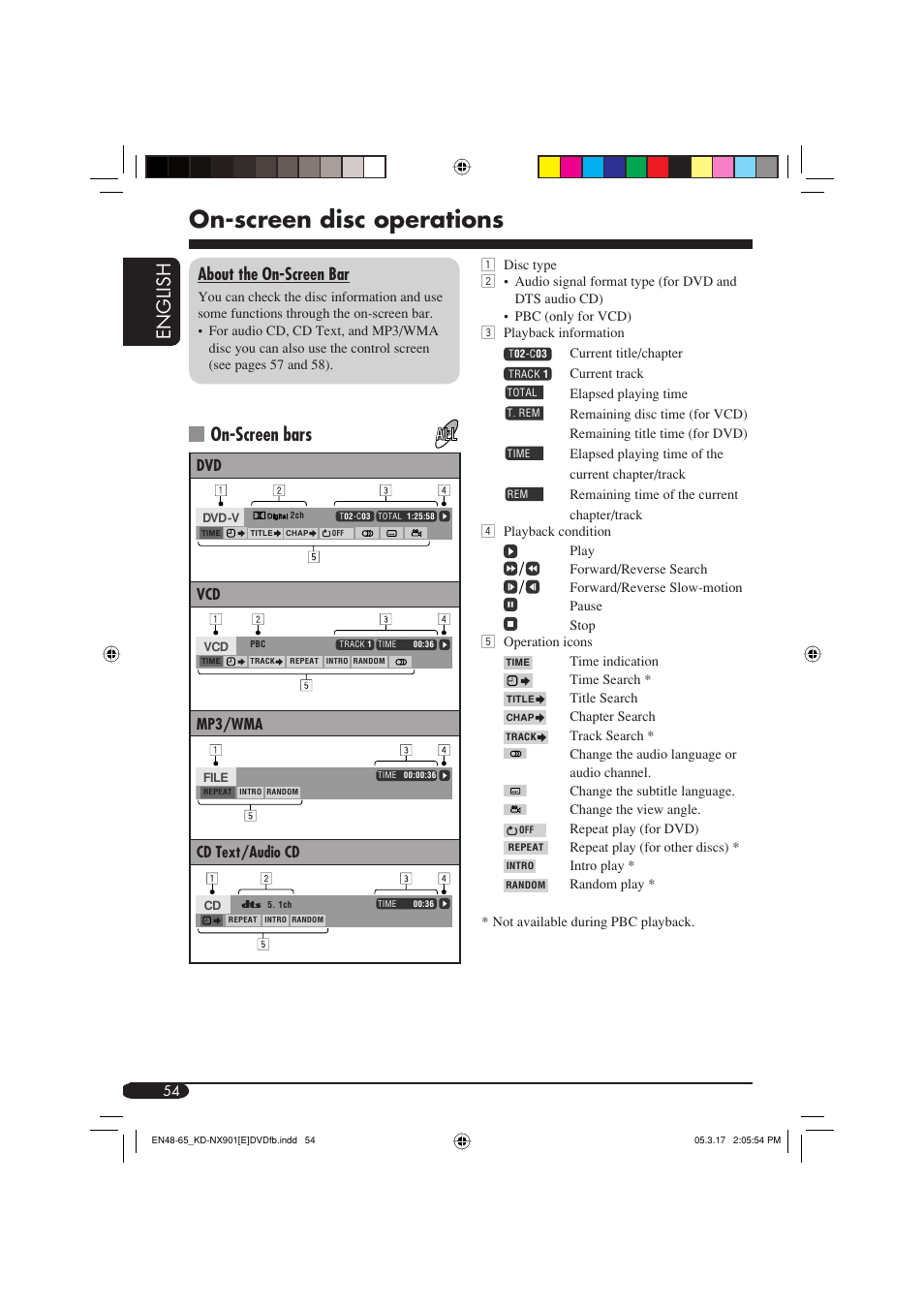 On-screen disc operations, English, On-screen bars | About the on-screen bar | JVC KD-NX901 User Manual | Page 54 / 129