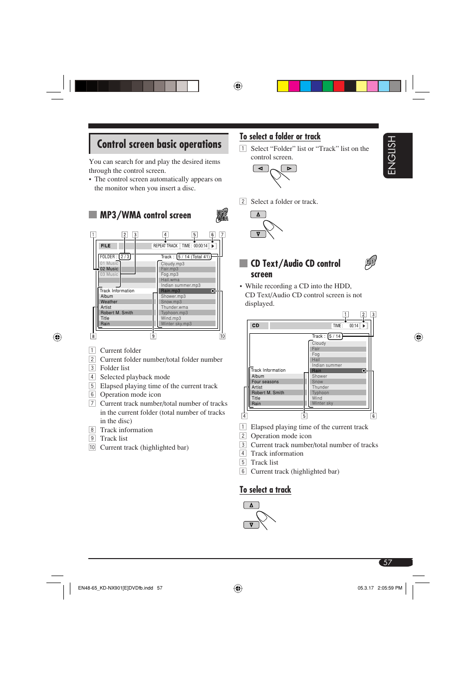 Control screen basic operations, English, Mp3/wma control screen | Cd text/audio cd control screen | JVC KD-NX901 User Manual | Page 57 / 129