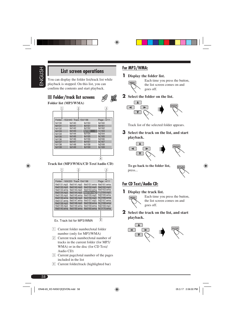 List screen operations, English, Folder/track list screens | JVC KD-NX901 User Manual | Page 58 / 129