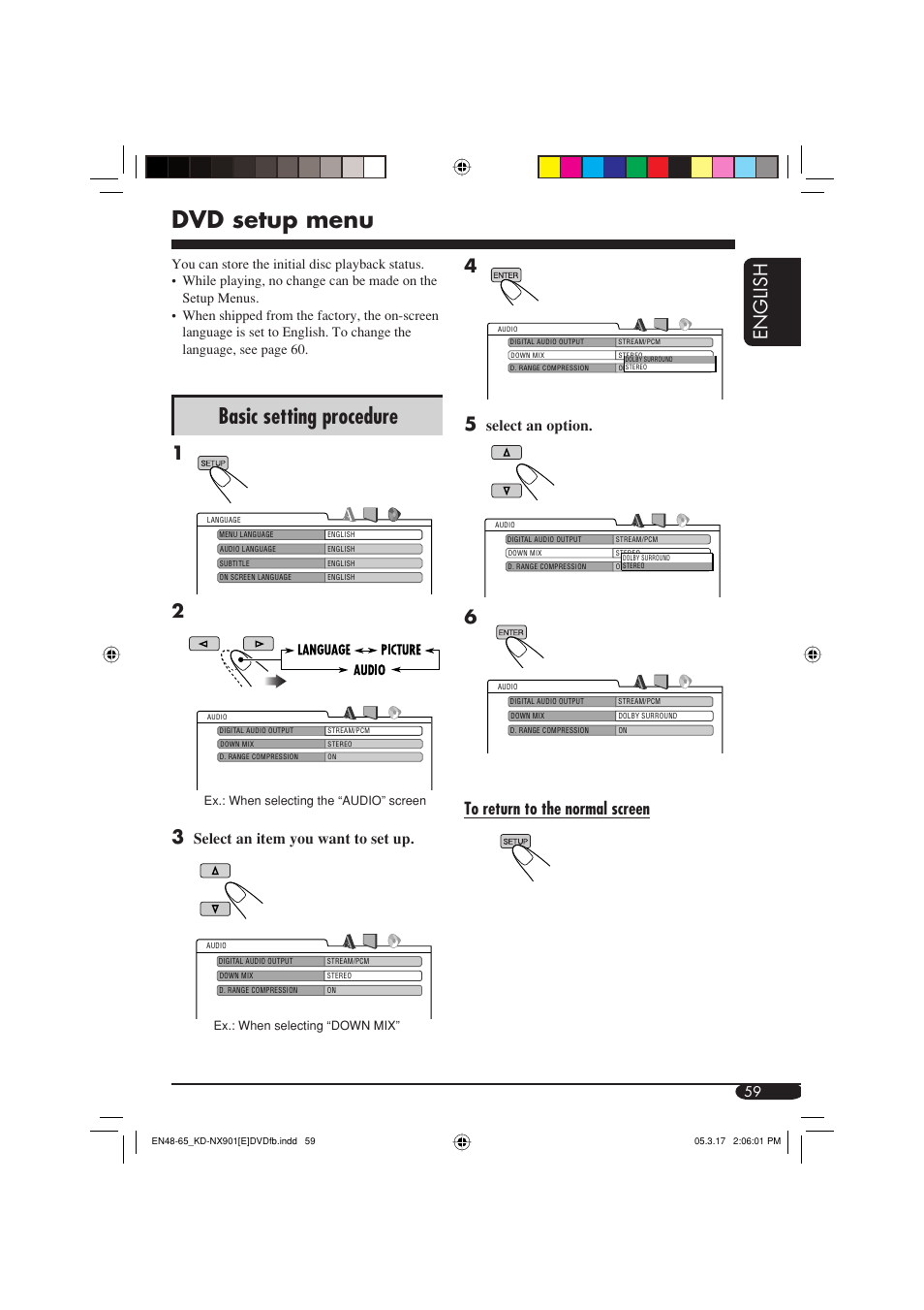 Dvd setup menu, Basic setting procedure, English | Select an item you want to set up, Select an option | JVC KD-NX901 User Manual | Page 59 / 129