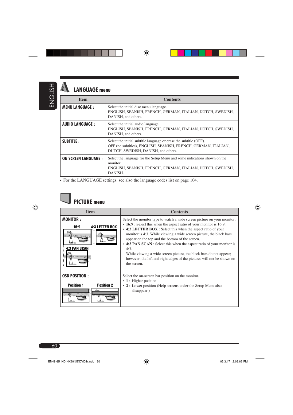 English language menu, Picture menu | JVC KD-NX901 User Manual | Page 60 / 129