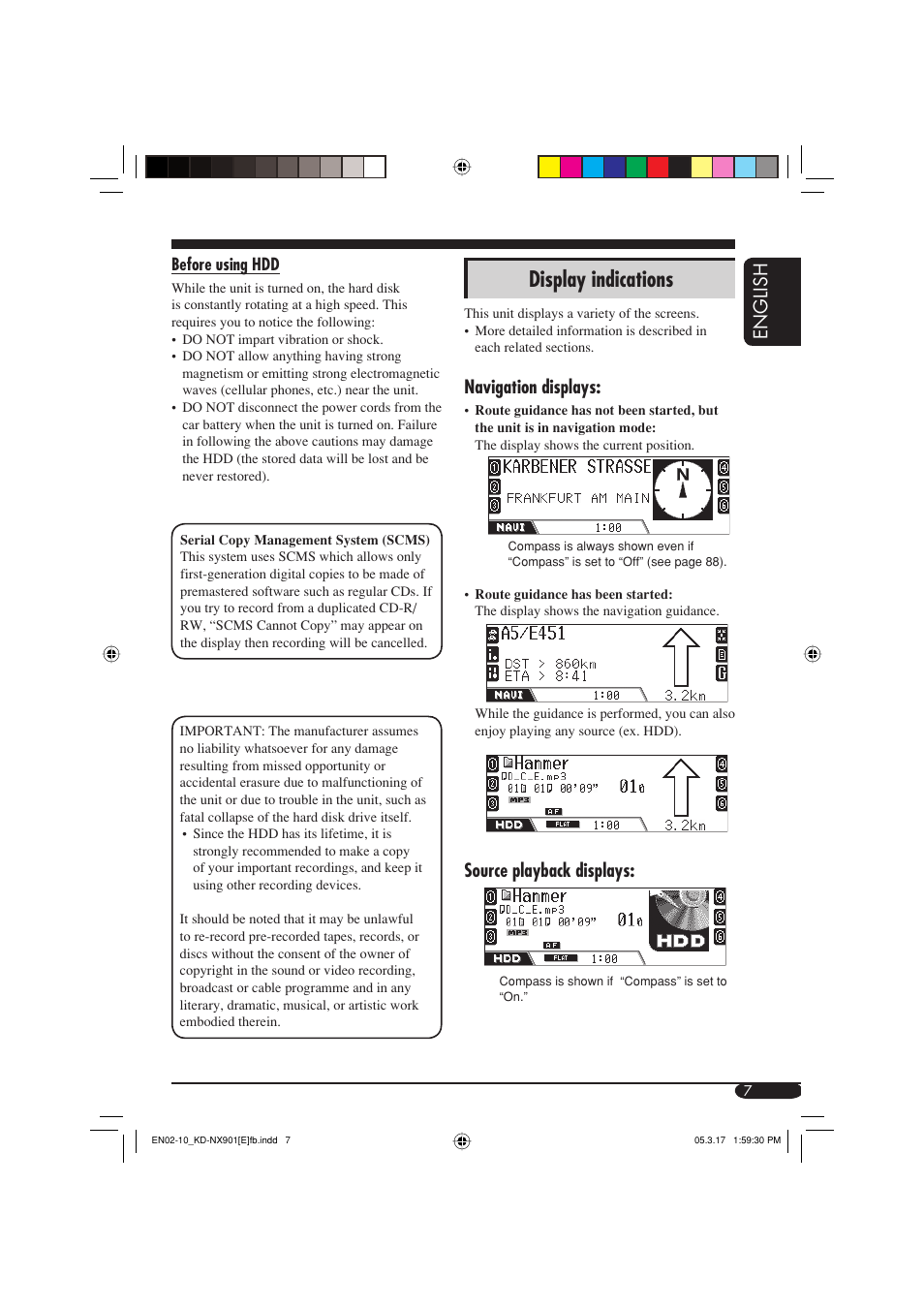 Display indications, English, Navigation displays | Source playback displays | JVC KD-NX901 User Manual | Page 7 / 129