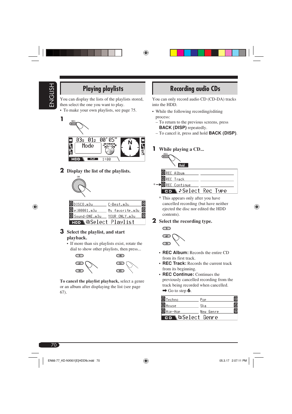 Recording audio cds, Playing playlists, English | JVC KD-NX901 User Manual | Page 70 / 129