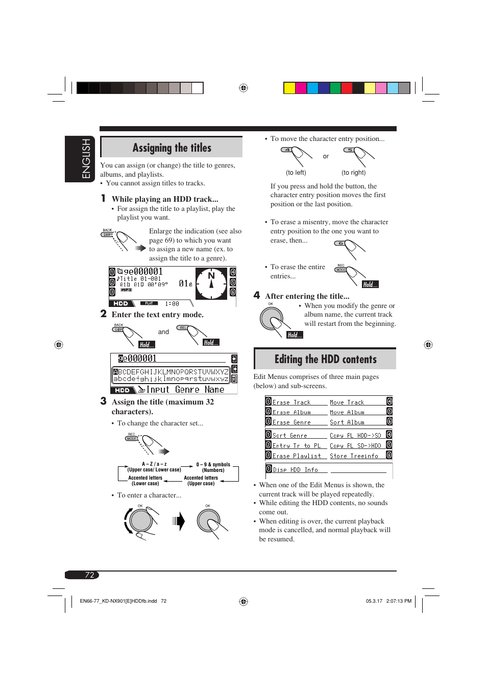 Editing the hdd contents, Assigning the titles, English | JVC KD-NX901 User Manual | Page 72 / 129