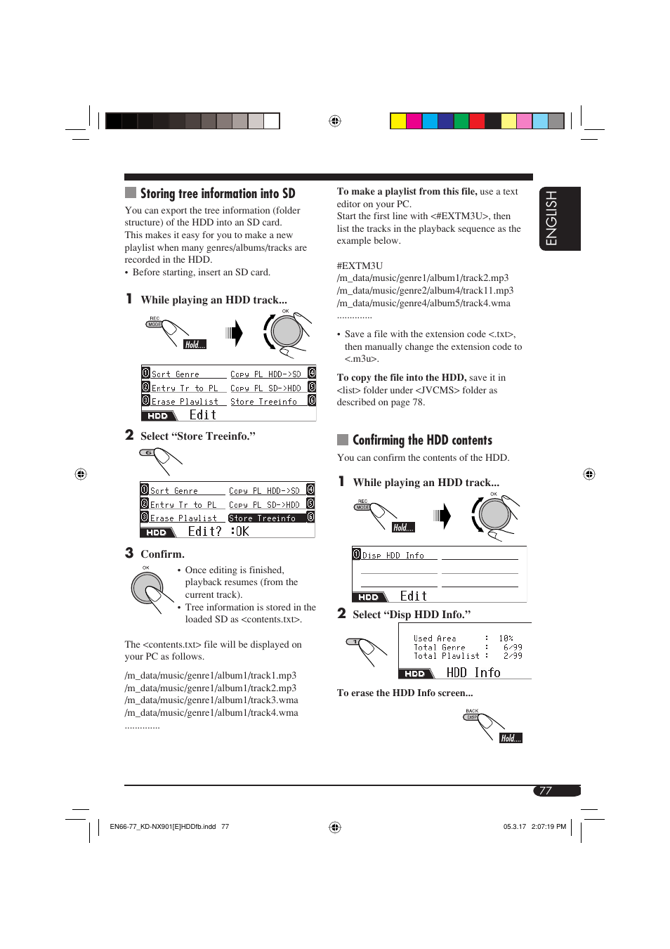 English storing tree information into sd, Confirming the hdd contents | JVC KD-NX901 User Manual | Page 77 / 129