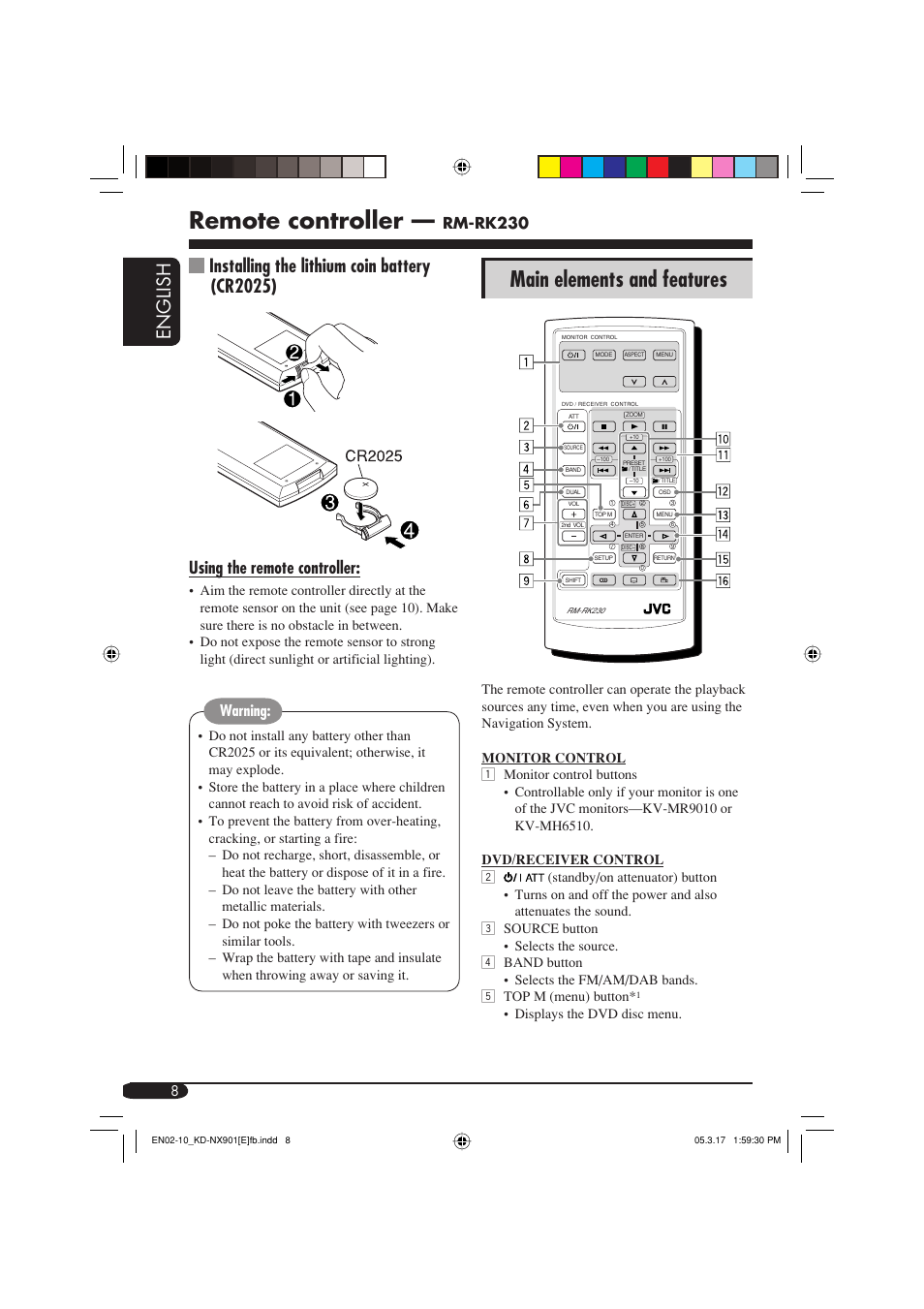 Remote controller, Main elements and features, English | Installing the lithium coin battery (cr2025), Using the remote controller, Rm-rk230, Warning | JVC KD-NX901 User Manual | Page 8 / 129