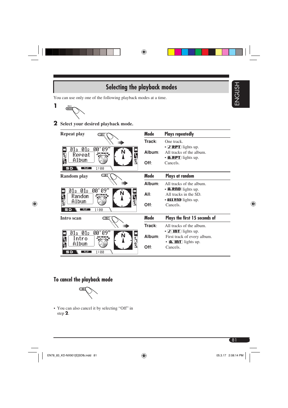 Selecting the playback modes, English | JVC KD-NX901 User Manual | Page 81 / 129