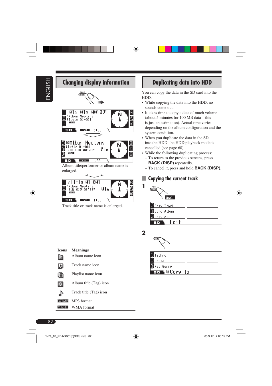 Changing display information, Duplicating data into hdd, English | Copying the current track 1 2 | JVC KD-NX901 User Manual | Page 82 / 129