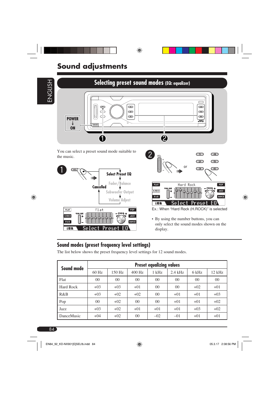 Sound adjustments, Selecting preset sound modes, English | Sound modes (preset frequency level settings) | JVC KD-NX901 User Manual | Page 84 / 129