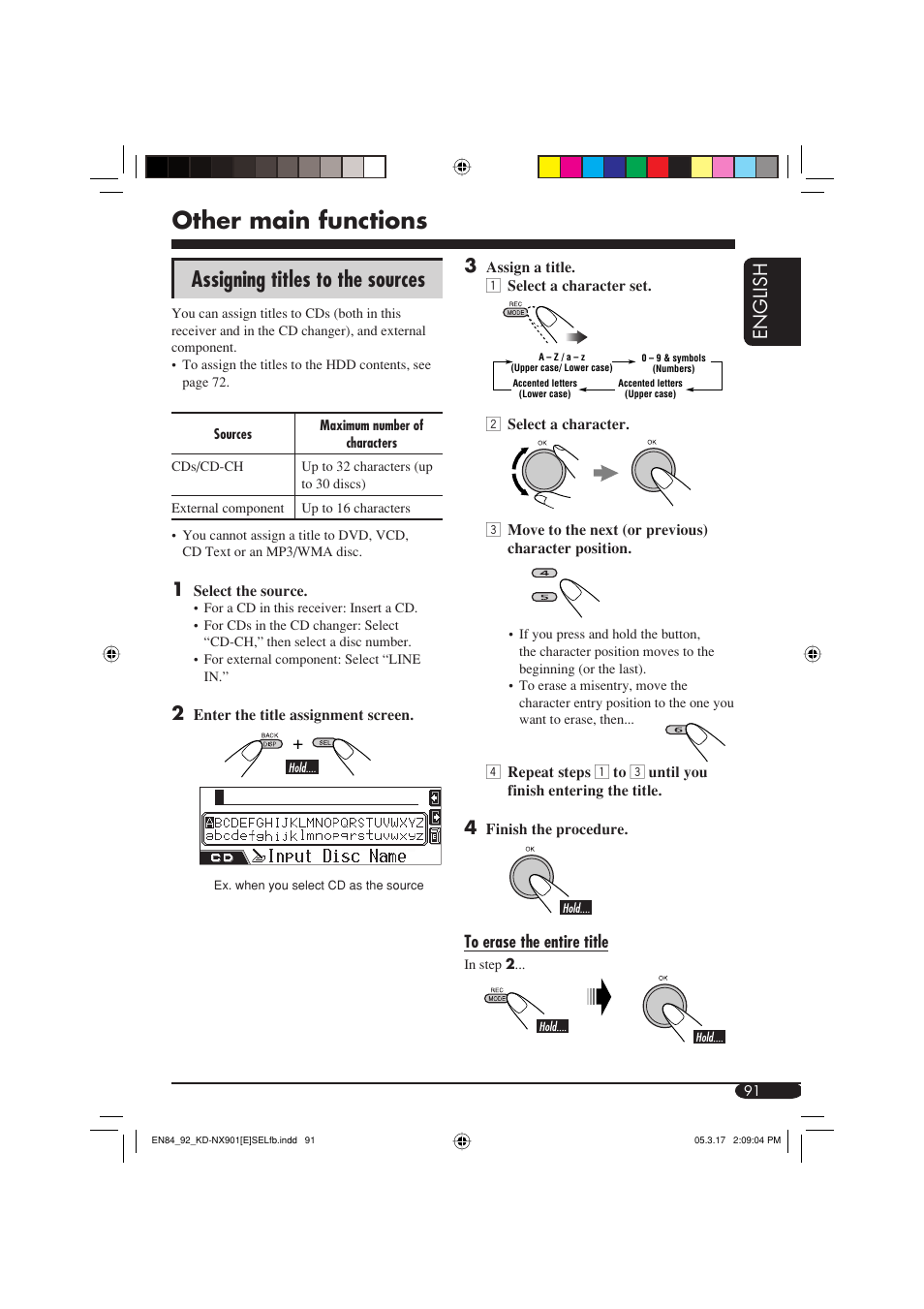 Other main functions, Assigning titles to the sources, English | JVC KD-NX901 User Manual | Page 91 / 129