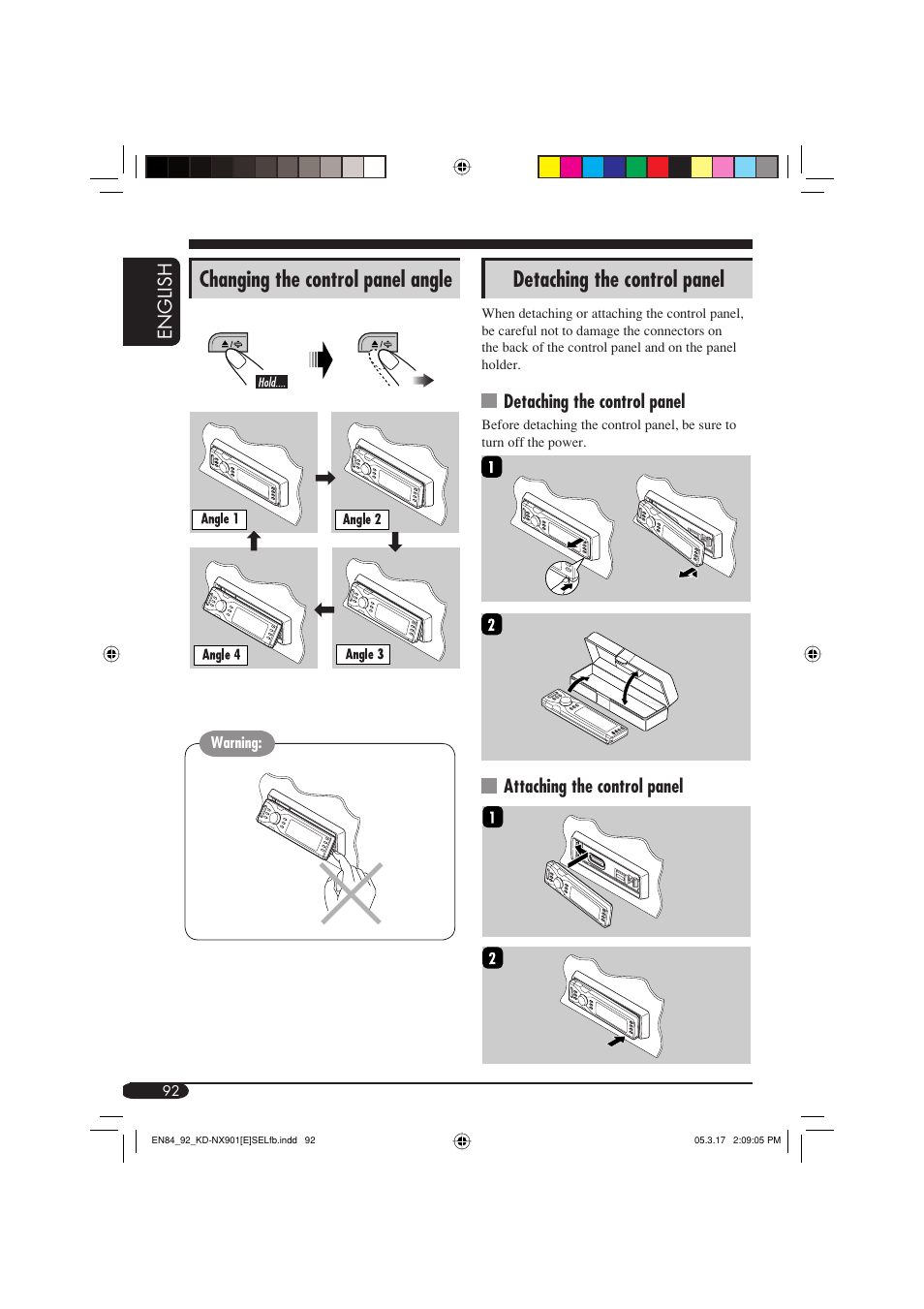 Changing the control panel angle, Detaching the control panel, English | Attaching the control panel | JVC KD-NX901 User Manual | Page 92 / 129