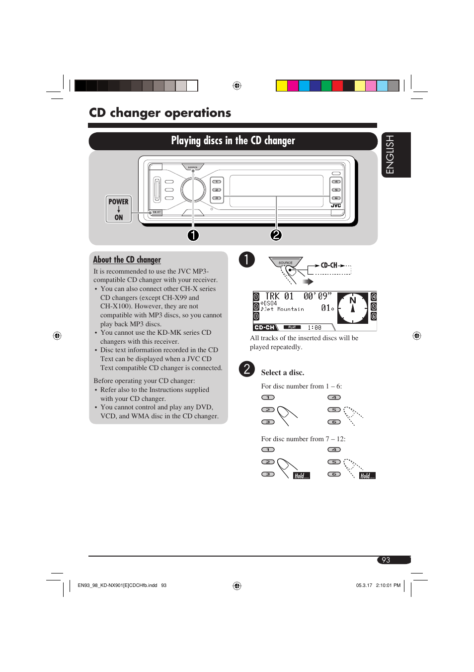 Cd changer operations, Playing discs in the cd changer | JVC KD-NX901 User Manual | Page 93 / 129