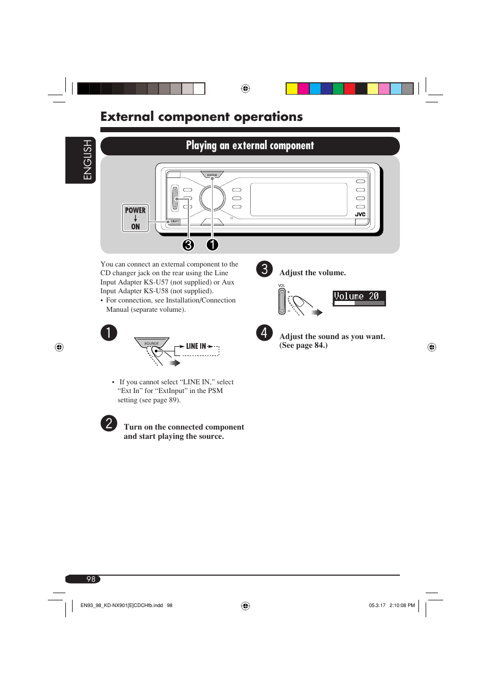 External component operations, Playing an external component | JVC KD-NX901 User Manual | Page 98 / 129