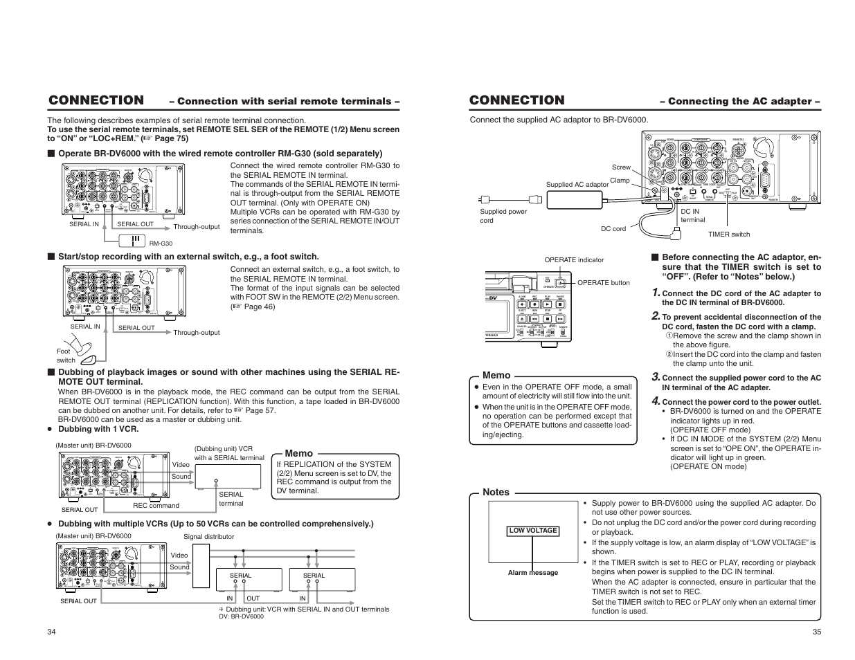 Connection with serial remote terminals, Connecting the ac adapter, Connection | Line in out monitor out dc12v dv in/out in out off | JVC BR-DV6000U User Manual | Page 21 / 61