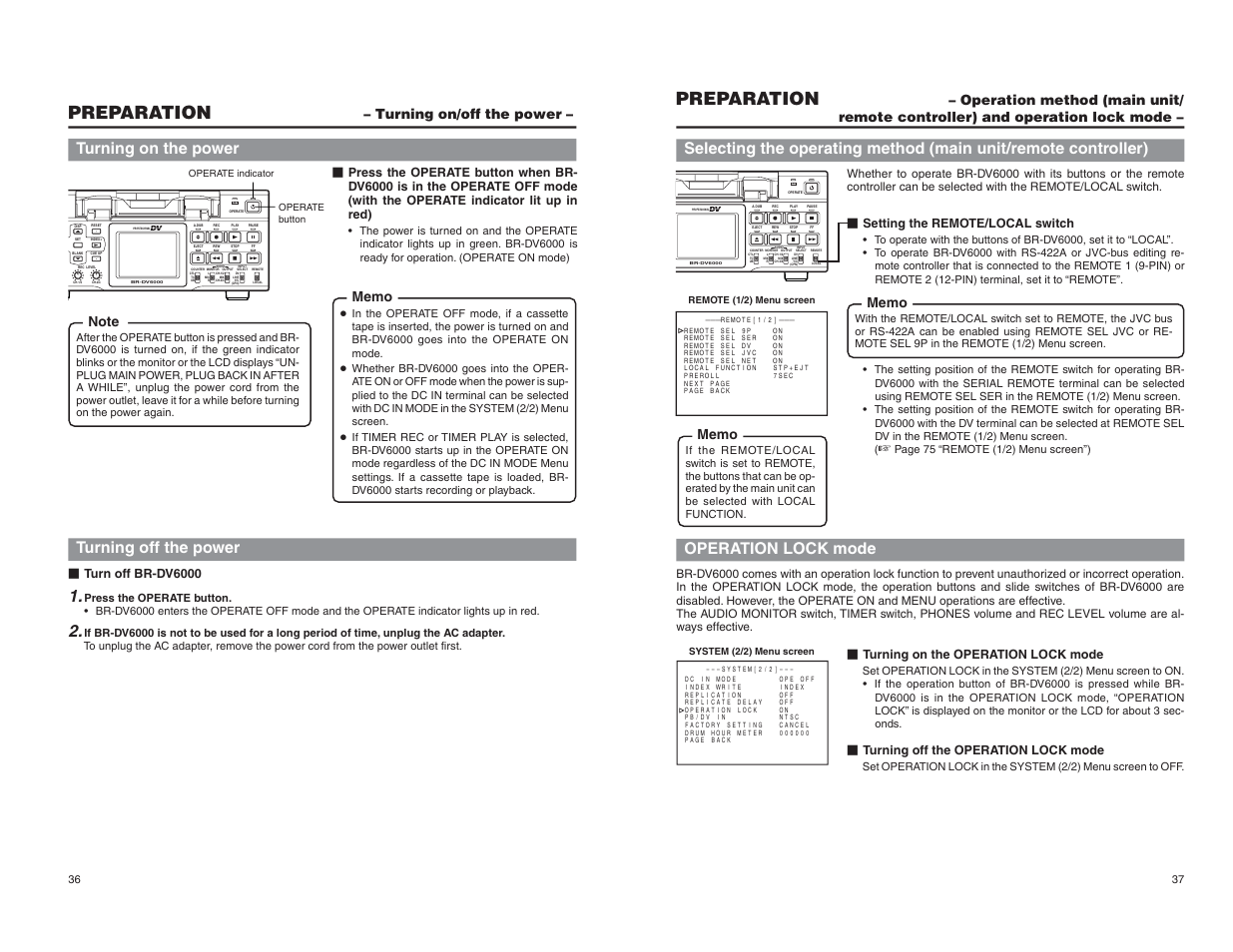 Preparation, Turning on/off the power, Turning on the power | Turning off the power, Turn off br-dv6000, Setting the remote/local switch, Turning off the operation lock mode | JVC BR-DV6000U User Manual | Page 22 / 61