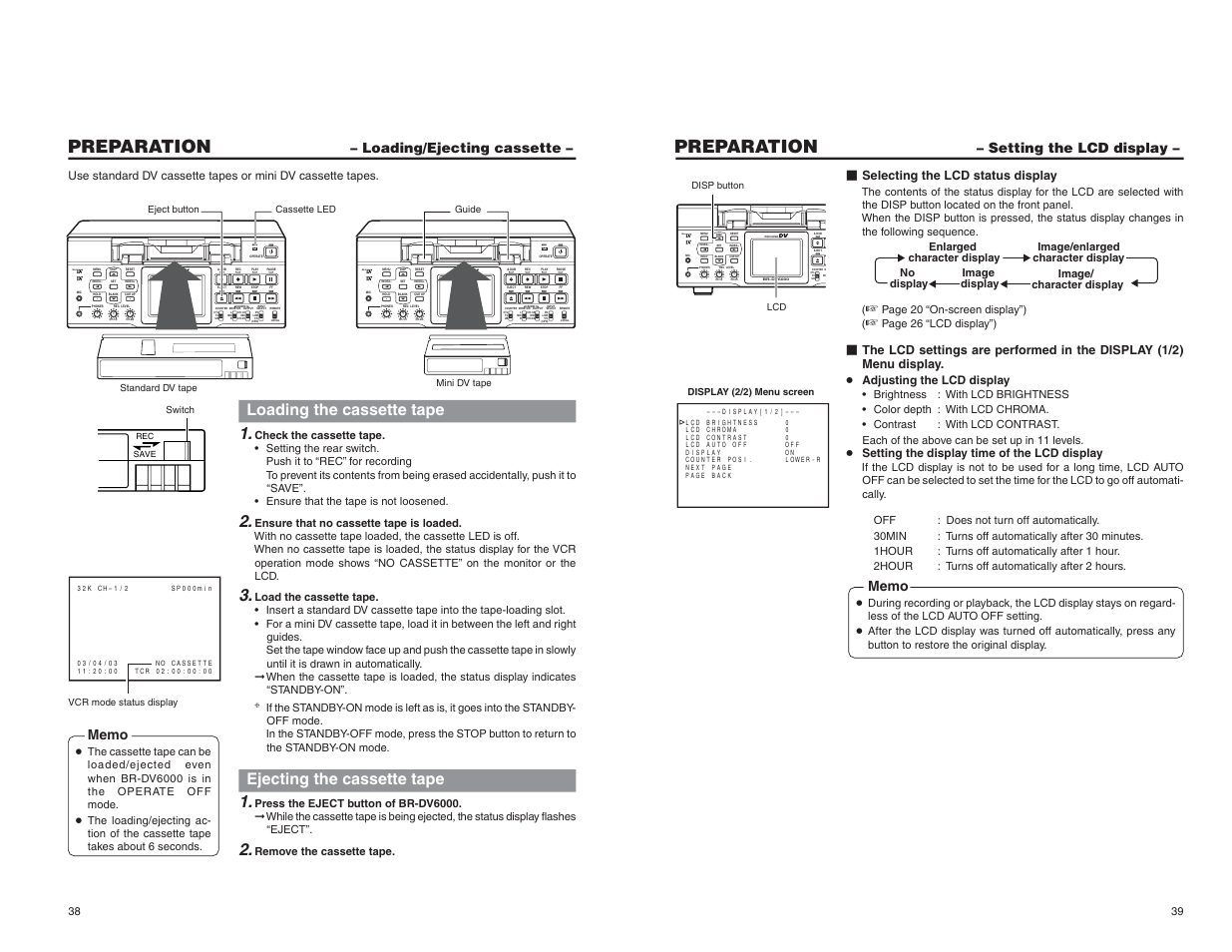 Loading/ejecting cassette, Setting the lcd display, Professional | Mini, Preparation, Loading the cassette tape, Ejecting the cassette tape, Selecting the lcd status display, Setting the display time of the lcd display | JVC BR-DV6000U User Manual | Page 23 / 61