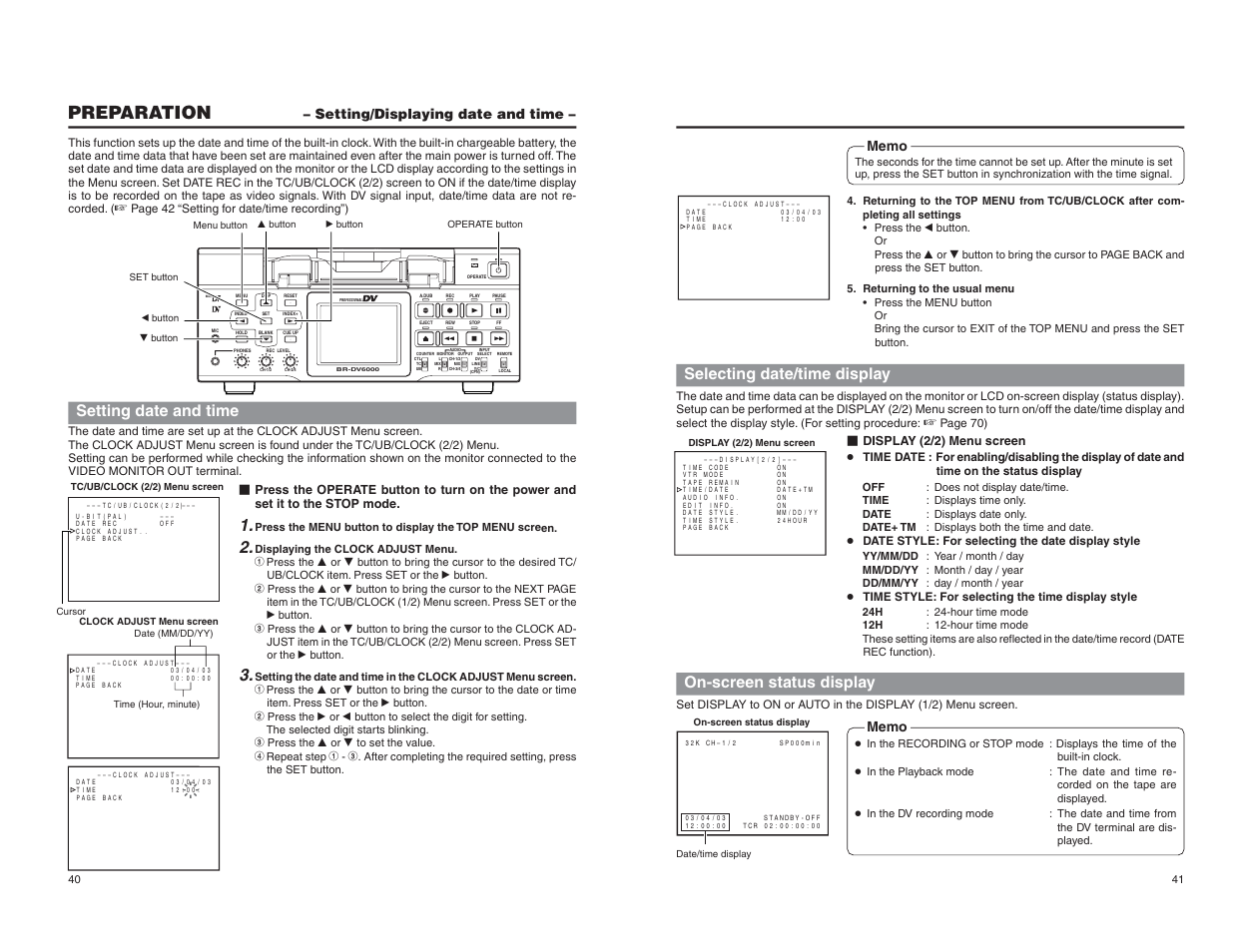 Setting/displaying date and time, Preparation, Setting date and time | Selecting date/time display, On-screen status display | JVC BR-DV6000U User Manual | Page 24 / 61