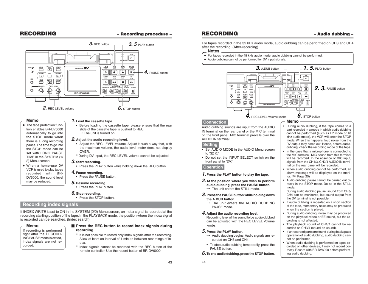 Recording procedure, Audio dubbing, Recording | Recording index signals, Connection, Setting, Operation | JVC BR-DV6000U User Manual | Page 26 / 61