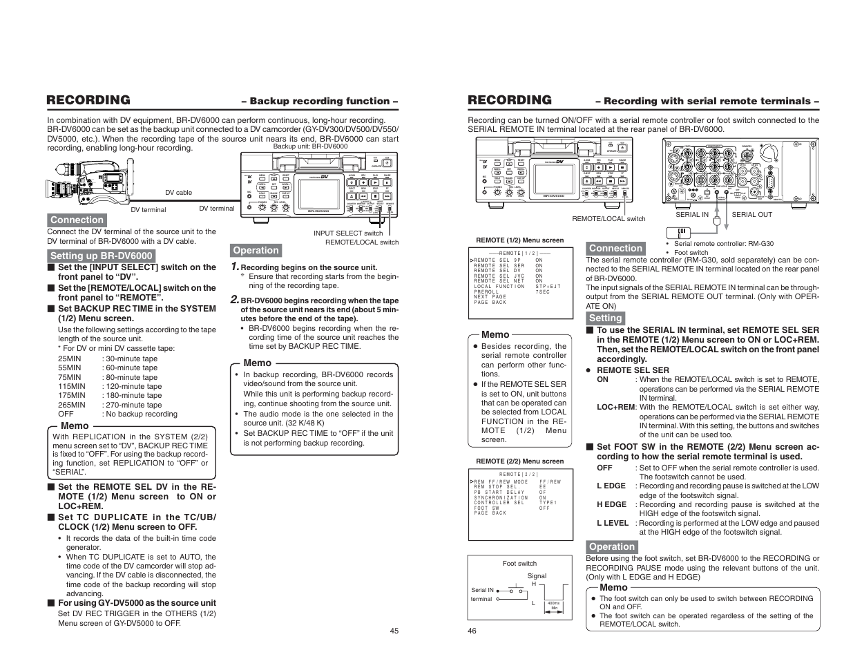 Backup recording function, Recording with serial remote terminals, Mini | Recording | JVC BR-DV6000U User Manual | Page 27 / 61