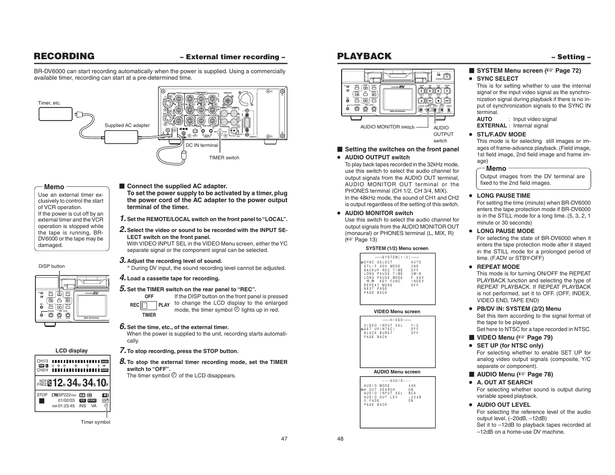 External timer recording, Playback, Setting | Mini, Recording, System menu screen, Page 72) ● sync select, Stl/f.adv mode, Long pause time, Long pause mode | JVC BR-DV6000U User Manual | Page 28 / 61