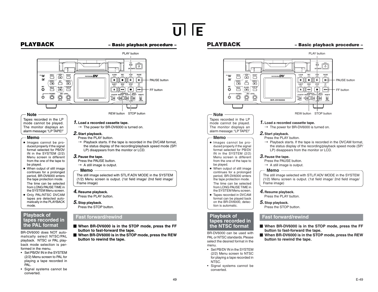 Basic playback procedure, Playback, Playback of tapes recorded in the ntsc format | Fast forward/rewind, Playback of tapes recorded in the pal format | JVC BR-DV6000U User Manual | Page 29 / 61