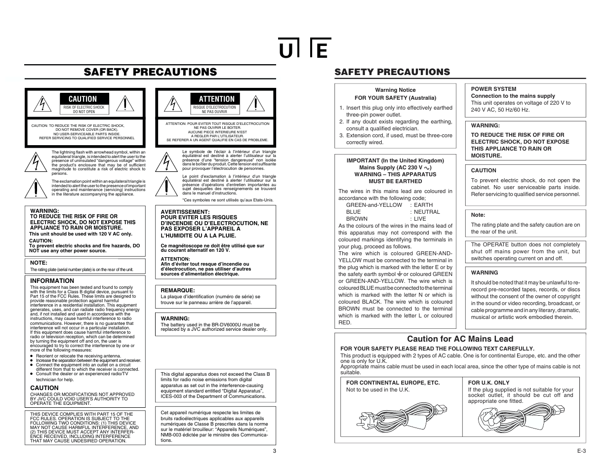 Safety precautions, Caution for ac mains lead | JVC BR-DV6000U User Manual | Page 3 / 61