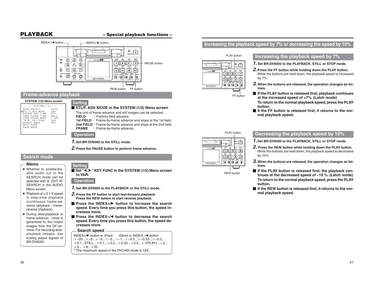 Special playback functions, Playback, Frame-advance playback | Search mode, Increasing the playback speed by 7, Decreasing the playback speed by 10, Special playback functions – : setting, Operation, Setting, Search speed | JVC BR-DV6000U User Manual | Page 30 / 61