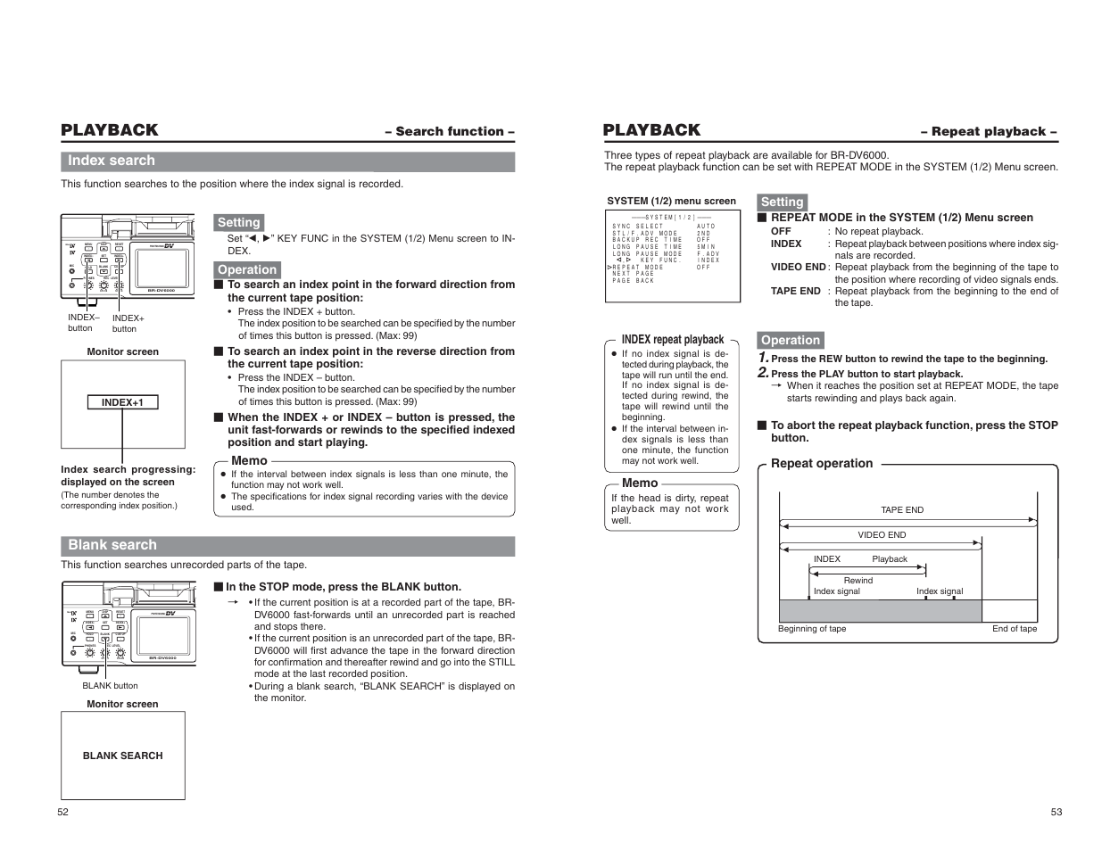 Search function, Repeat playback, Playback | Mini, Index search, Blank search, Setting, Operation, Repeat operation index repeat playback | JVC BR-DV6000U User Manual | Page 31 / 61