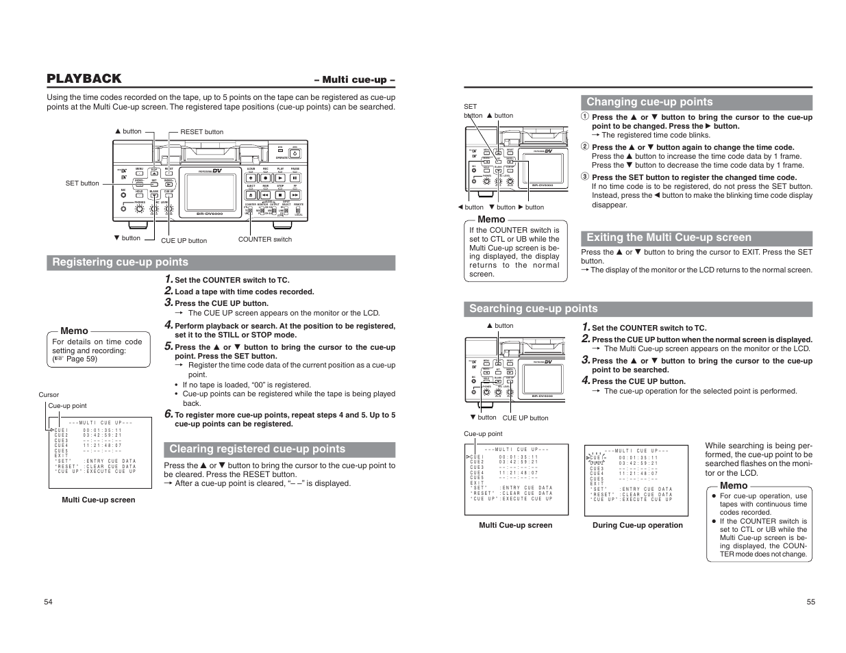 Multi cue-up, Playback, Mini | Registering cue-up points, Clearing registered cue-up points, Changing cue-up points | JVC BR-DV6000U User Manual | Page 32 / 61