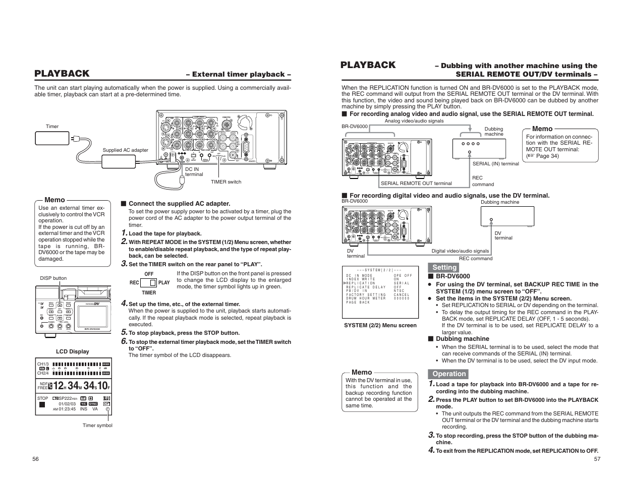 External timer playback, Line in out monitor out dc12v dv in/out in out off, Playback | Mini, Setting, Operation | JVC BR-DV6000U User Manual | Page 33 / 61