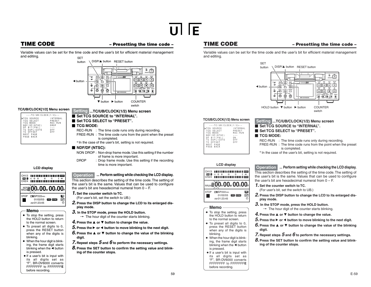 Presetting the time code, Mini, Time code | Setting, Operation | JVC BR-DV6000U User Manual | Page 35 / 61