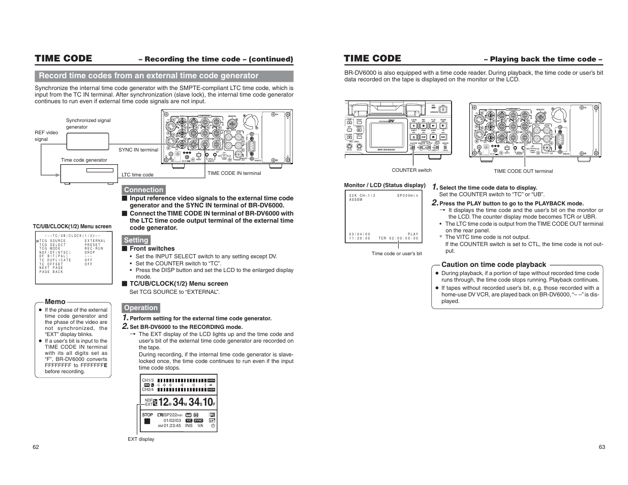 Playing back the time code, Time code, Recording the time code – (continued) | Connection, Setting, Operation, Caution on time code playback, Front switches, Tc/ub/clock(1/2) menu screen | JVC BR-DV6000U User Manual | Page 38 / 61