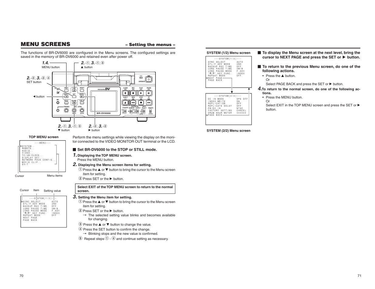 Setting the menus, Menu screens | JVC BR-DV6000U User Manual | Page 43 / 61