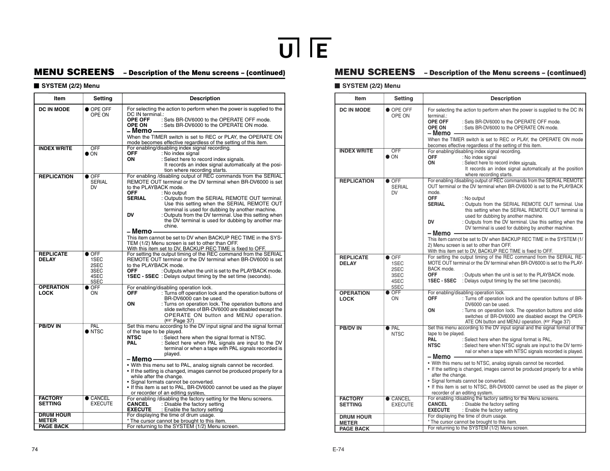 Menu screens | JVC BR-DV6000U User Manual | Page 45 / 61