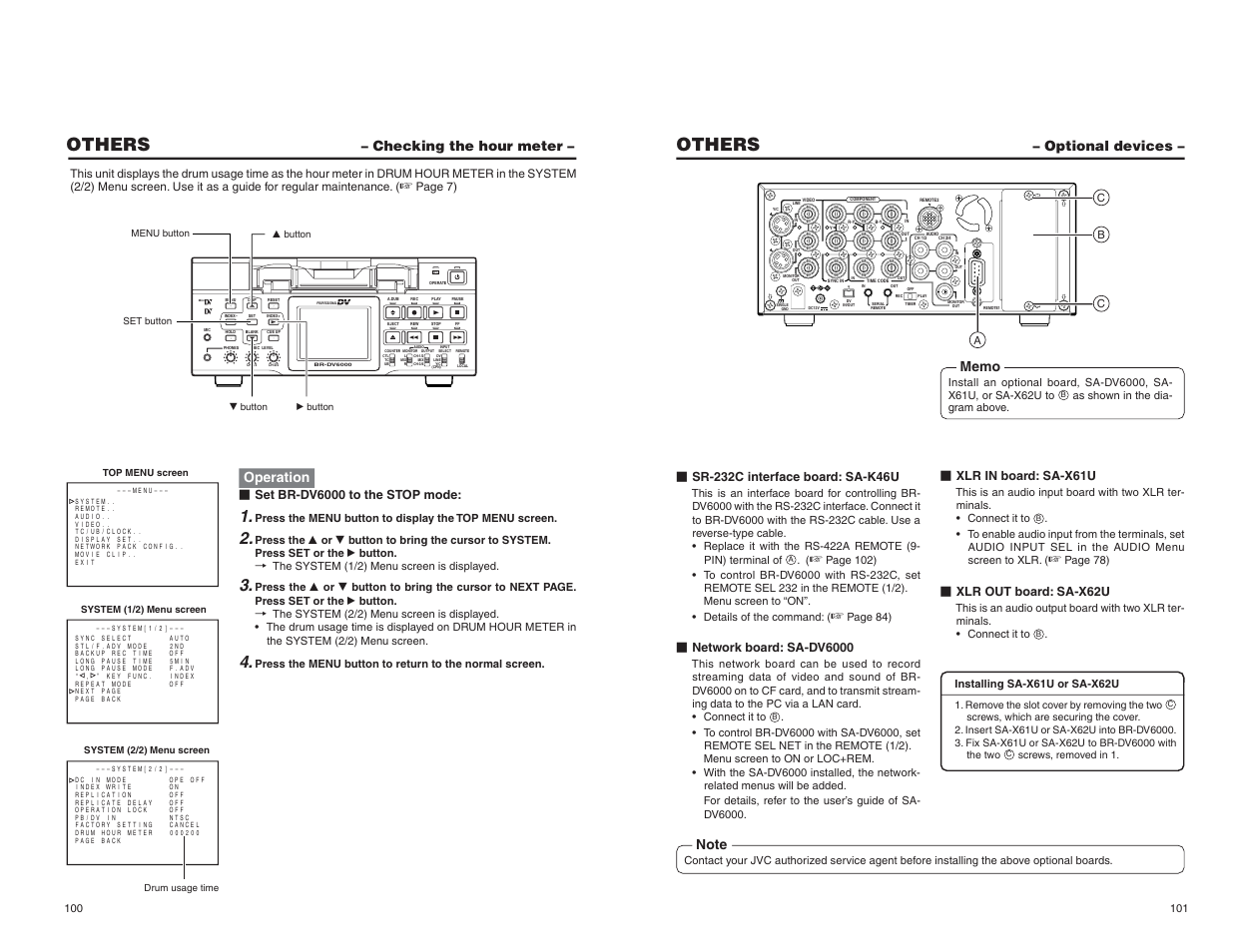 Checking the hour meter, Optional devices, Others | Operation, Xlr in board: sa-x61u, Xlr out board: sa-x62u, Network board: sa-dv6000, Page 7), Set br-dv6000 to the stop mode | JVC BR-DV6000U User Manual | Page 59 / 61