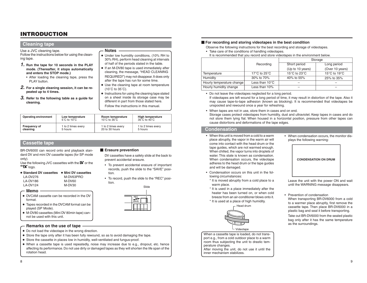 Cleaning tape, Cassette tape, Condensation | Introduction | JVC BR-DV6000U User Manual | Page 6 / 61